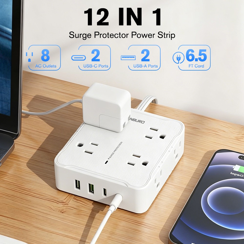 2M 8Outlet Flat Plug Power Strip Surge Protector 6.5ft Extension Cord with 4 USB