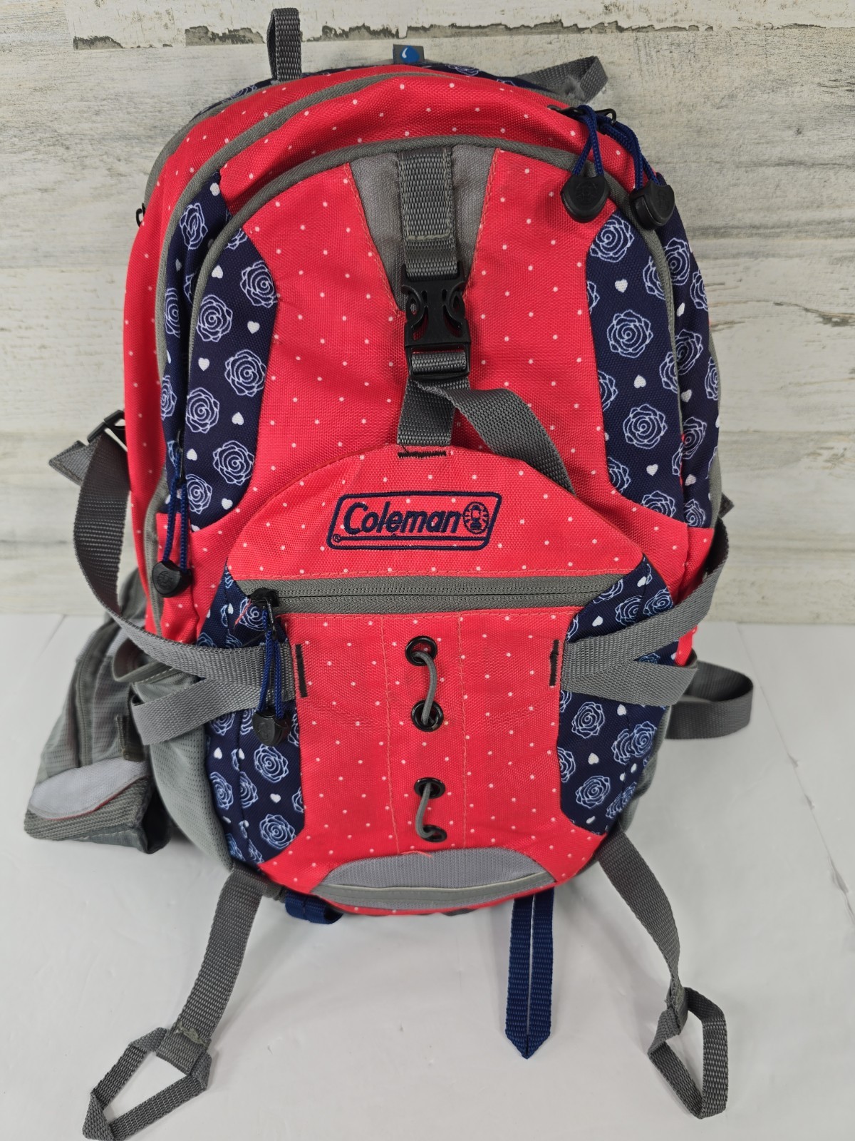Coleman Coral Blue Floral Polka Dot Hiking Backpack with Waist Strap **FLAWS**..