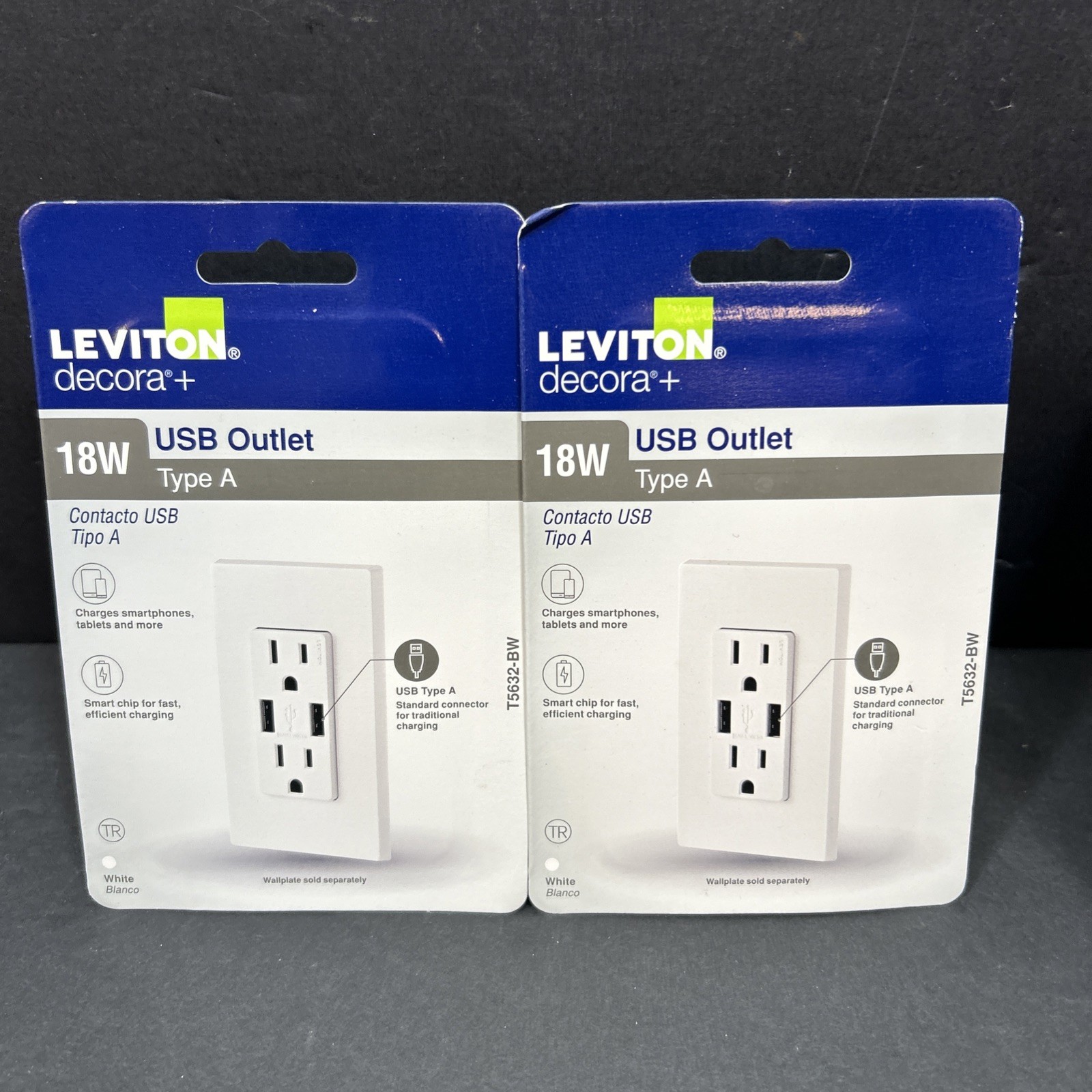Qty 2 Leviton Decora+ 18W USB-A Duplex Outlet T5632-BW New SEALED