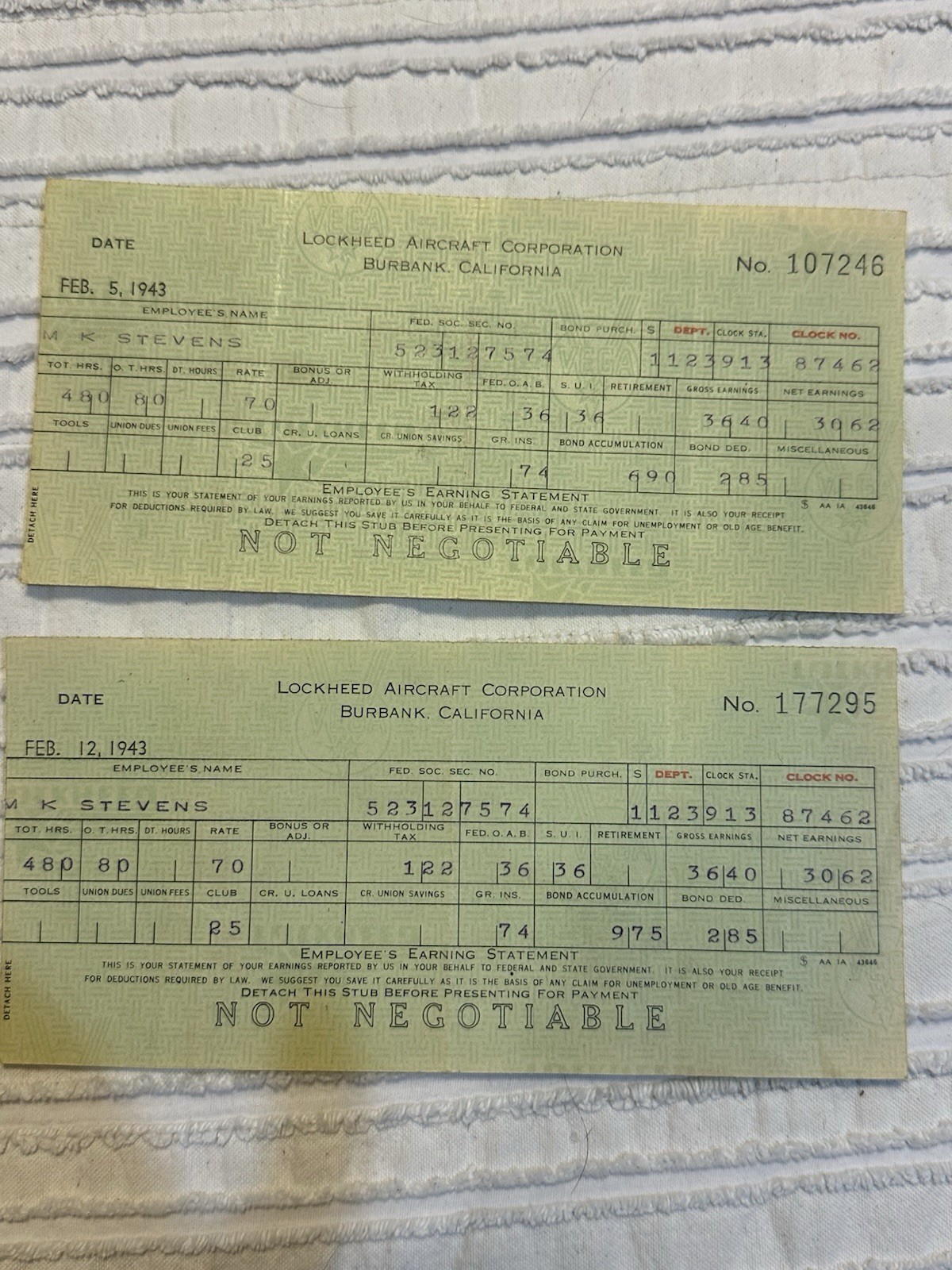 1943 WWII Lockheed Aircraft Corporation Burbank California Paystub Ephemera