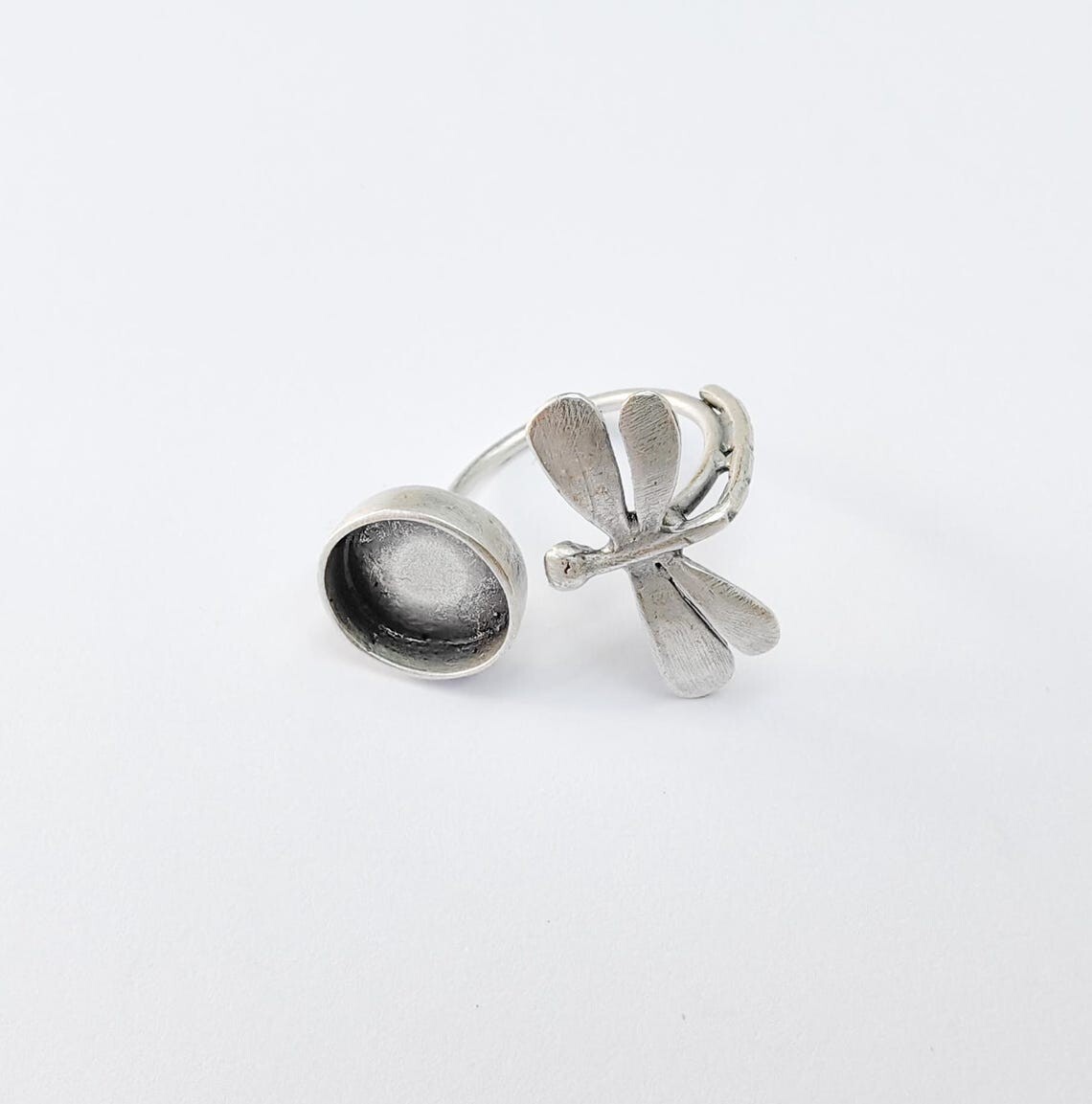 Dragonfly Silver Ring Setting Blank Cabochon Mounting Adjustable 12mm G36734