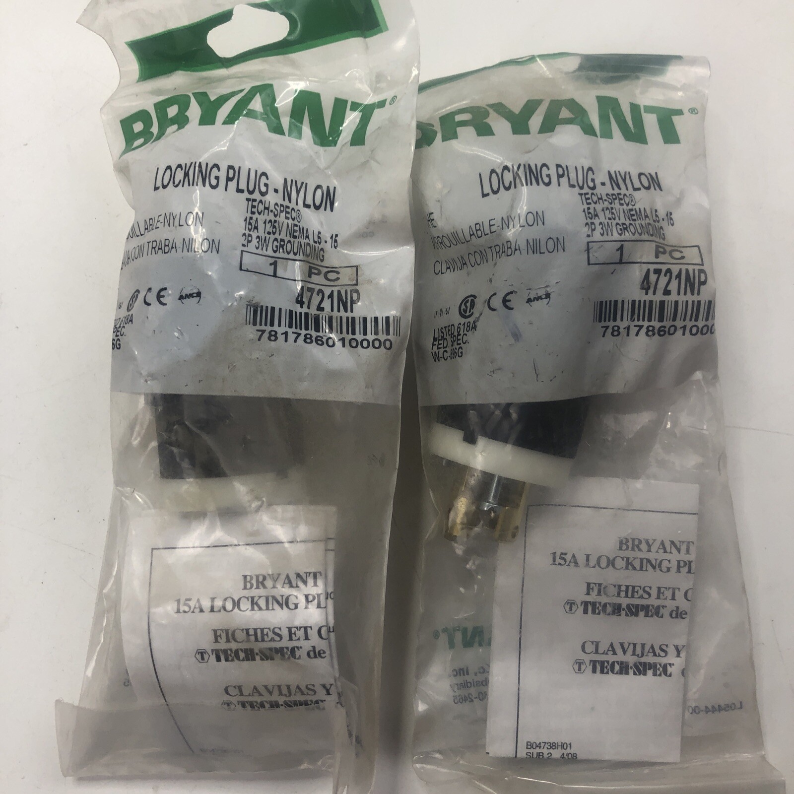 LOT OF( 2 ) BRYANT 4721NP Locking Plug,Black/Wht 125VAC L5-15 15a NEW