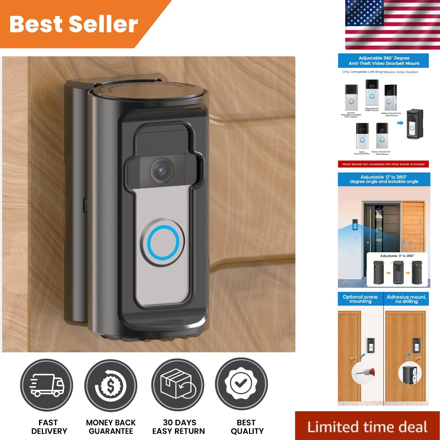 Easy Install Anti-Theft Doorbell Mount for Ring Plus/Pro - Adjustable Angle