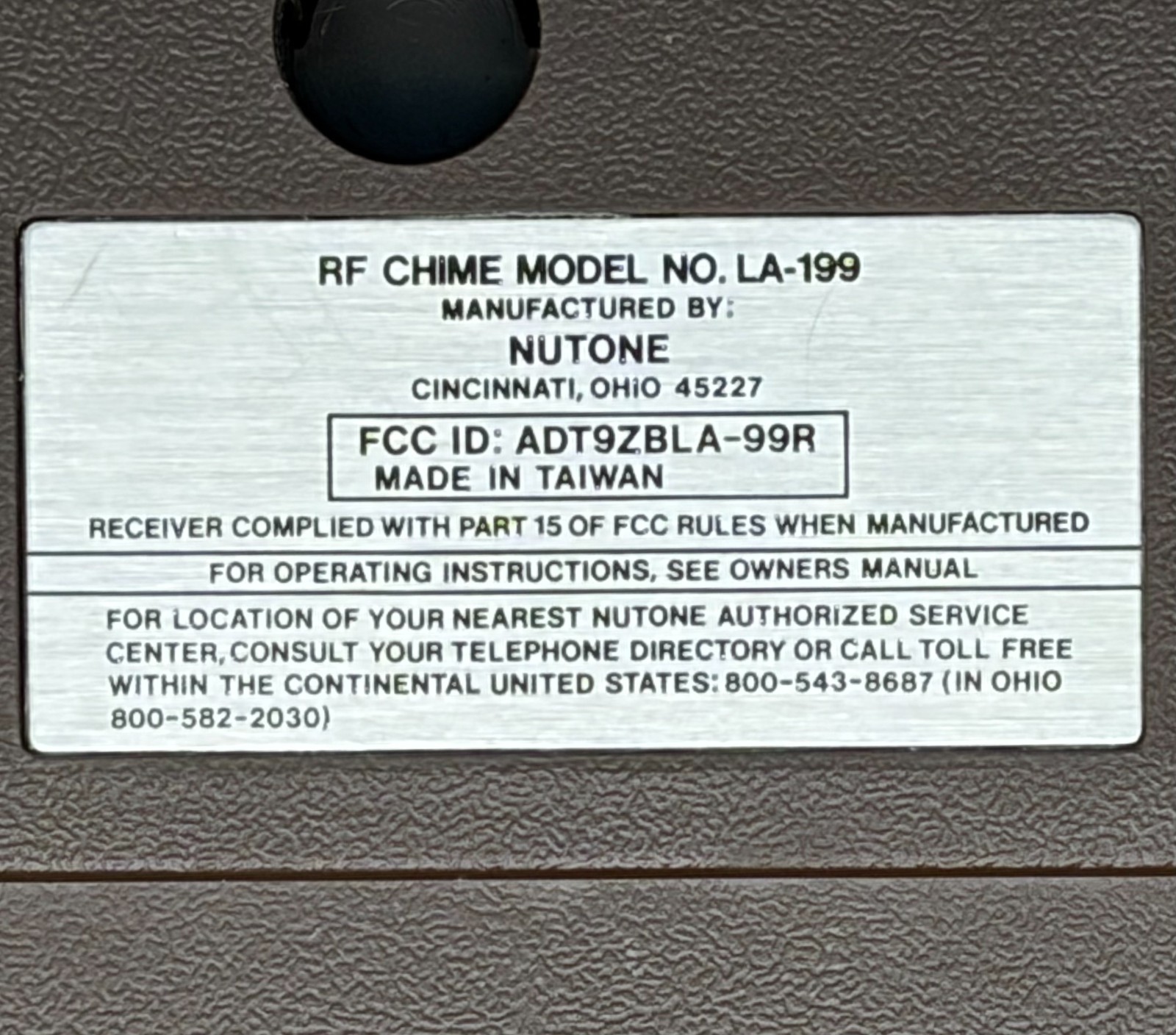 NuTone Wireless Door Chime - Model # LA-199