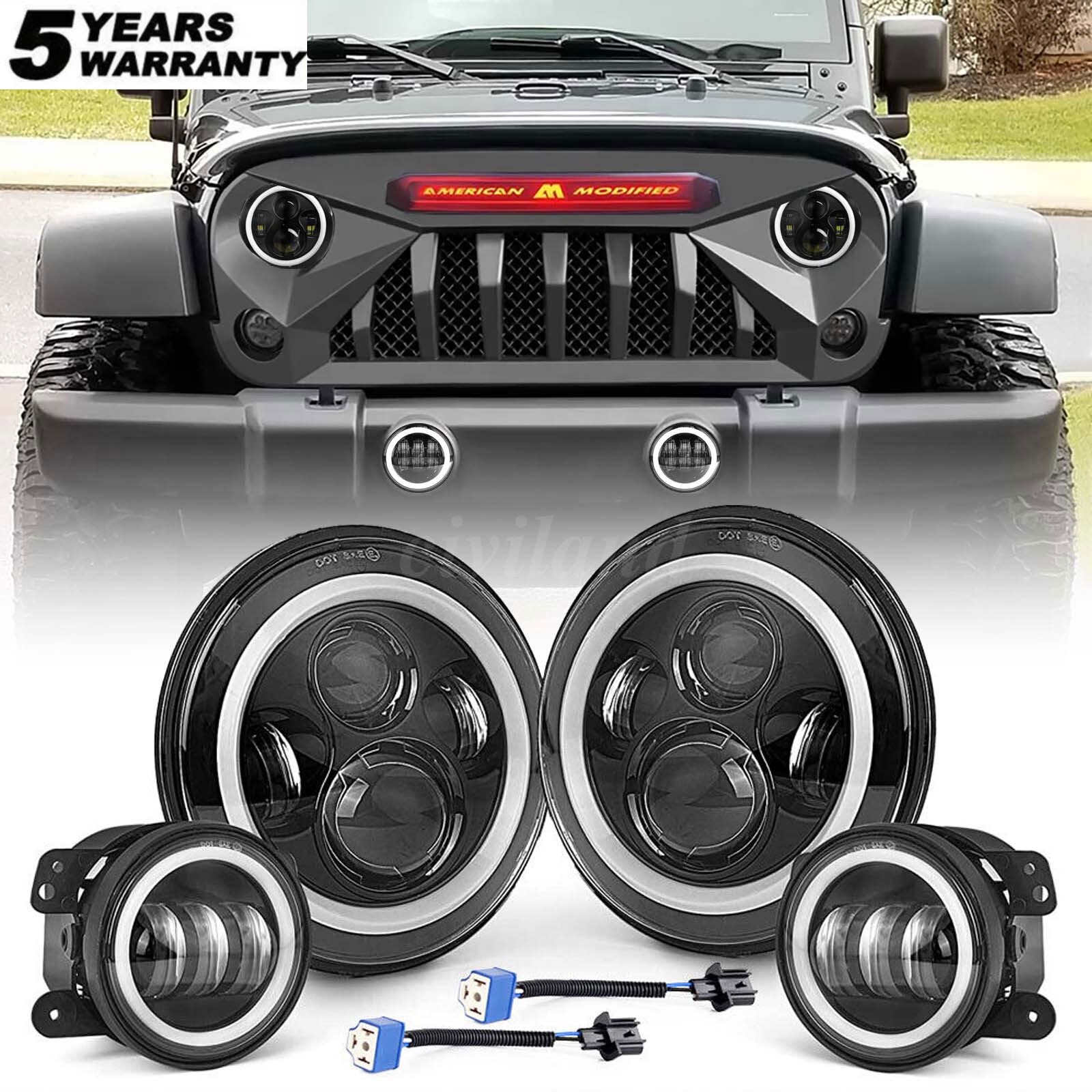 For 2007-2018 Jeep Wrangler JK JKU 7 Inch Halo LED Headlights Fog Lights Combo