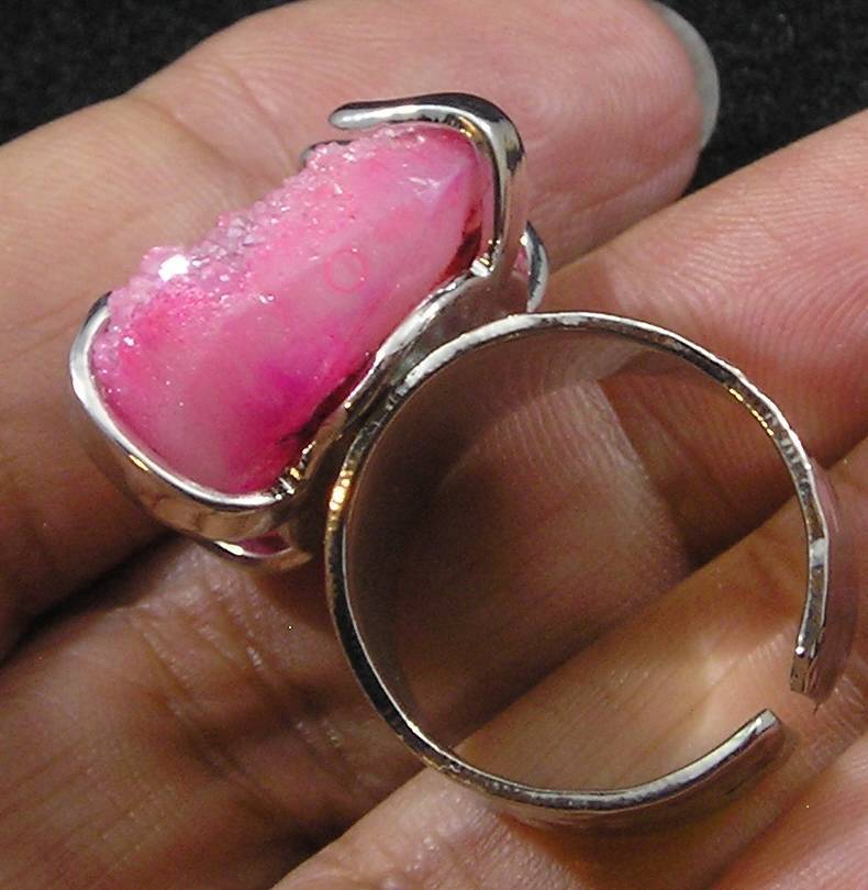 Bright Pink Coated Druzy Agate Nuggety Large Finger Ring Adjustable