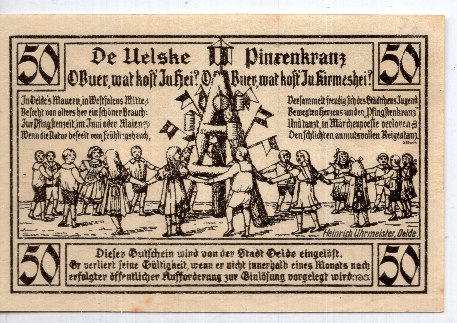 1920 Germany Oelde Notgeld 50 Pfennig Note (NG73)