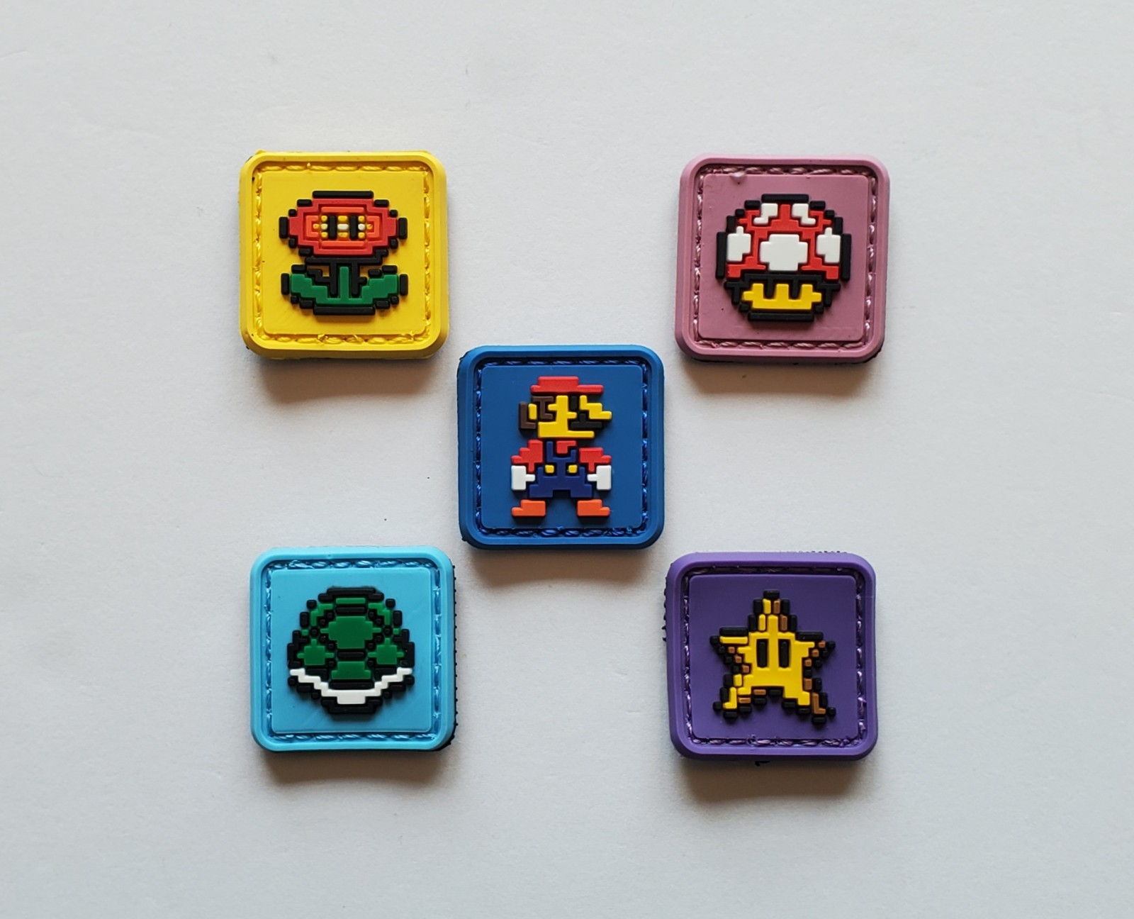 Super Mario Bros PVC Mini Morale Patch Set of Five (5) Hook & Loop Backing