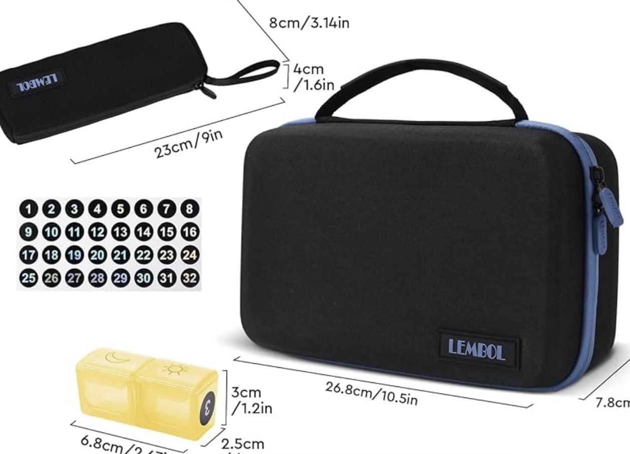LEMBOL Monthly 3X/Day Pill Organizer w/ Portable 7-Day Travel Bag