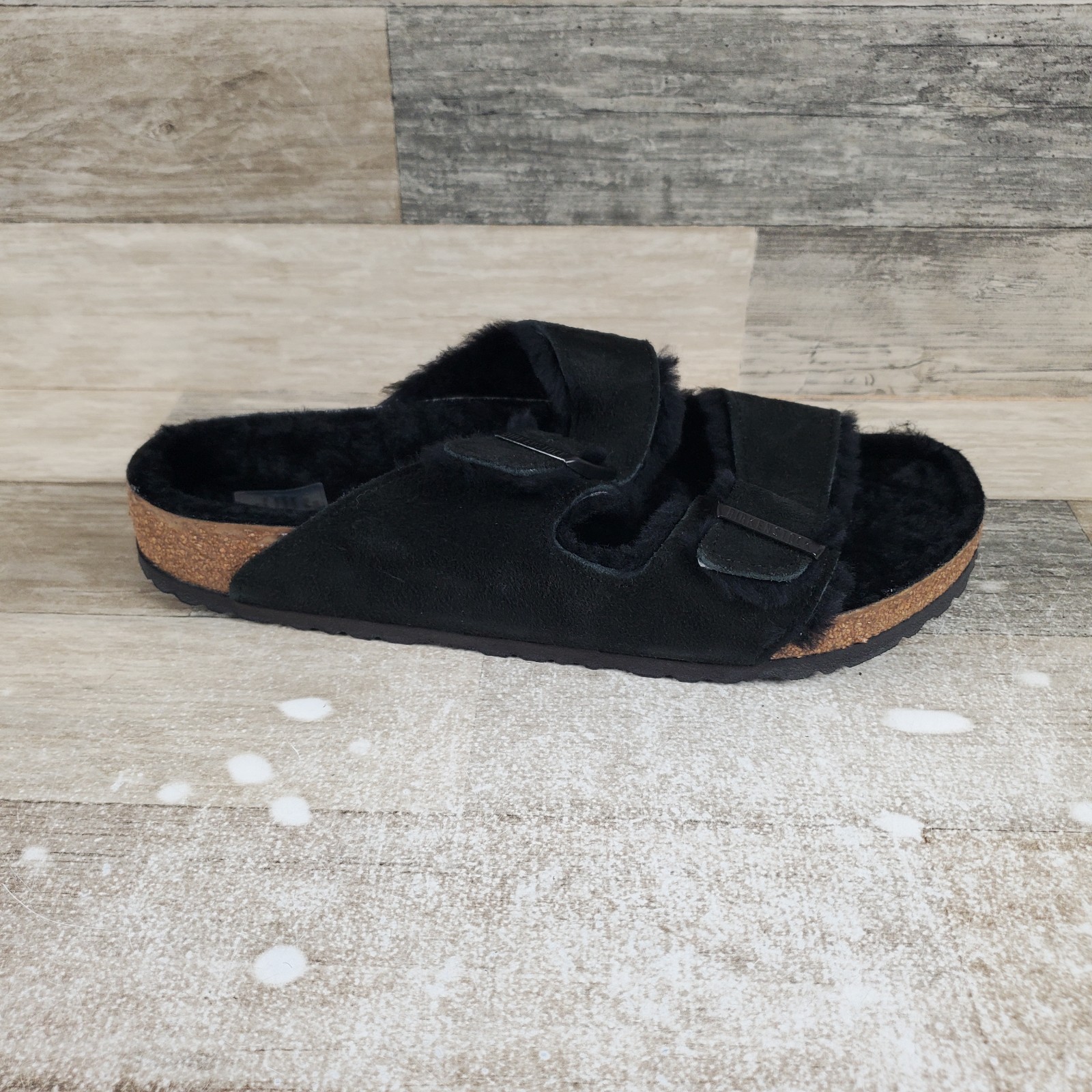 Birkenstock Arizona Mens Slide Sandals 12 Black Shearling Suede Adjustable Strap