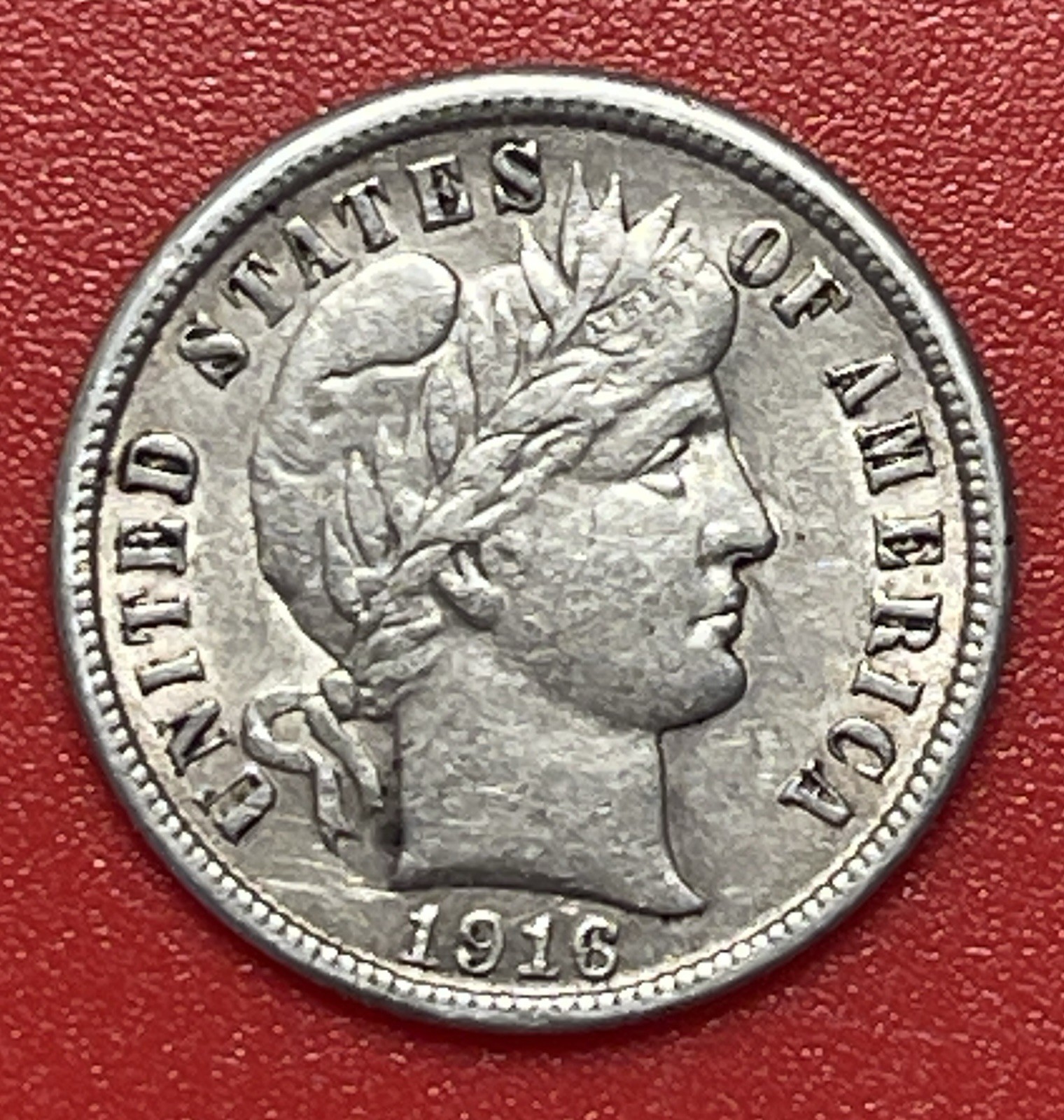 1916 P Barber Silver Dime, About Uncirculated (AU).