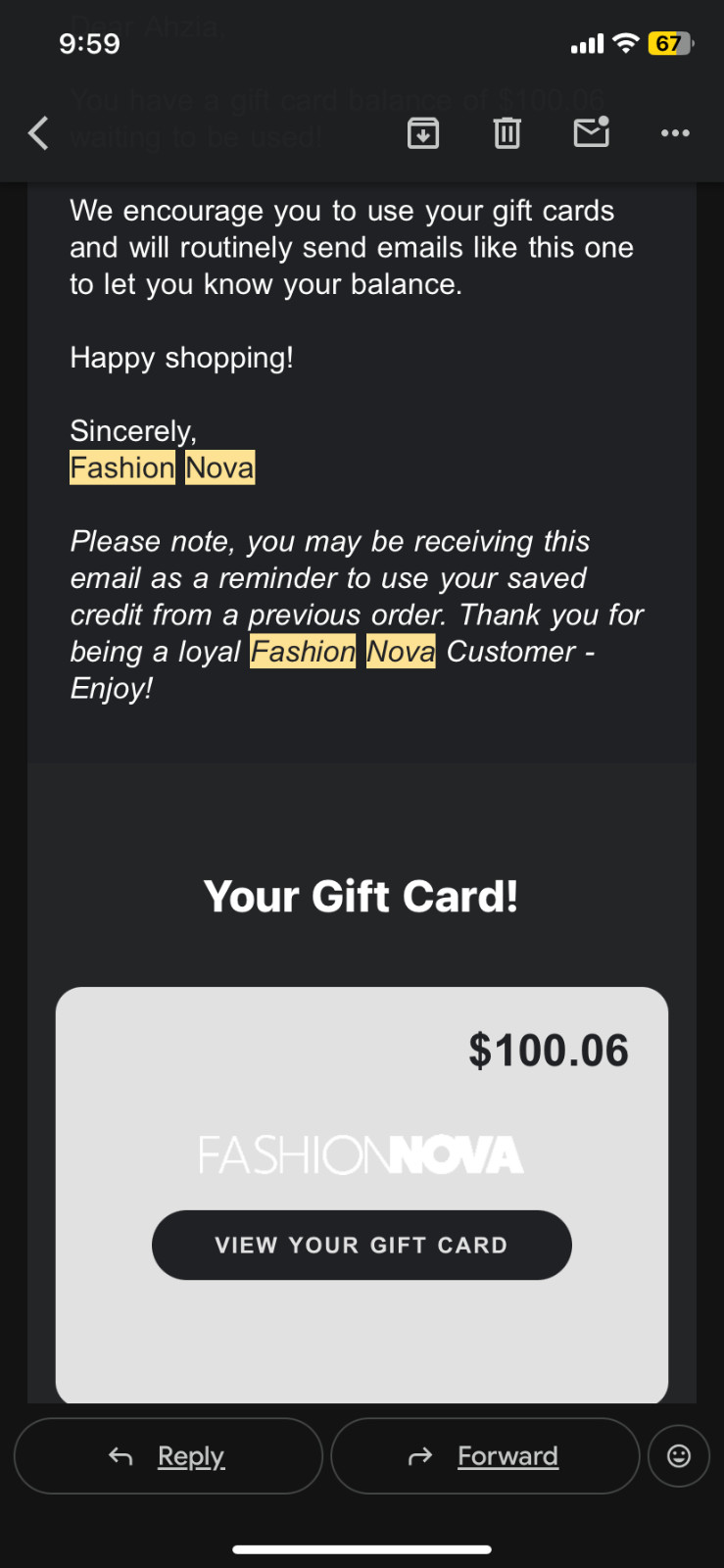 Fashion Nova $100 gift card; US nationwide; delivery in messages