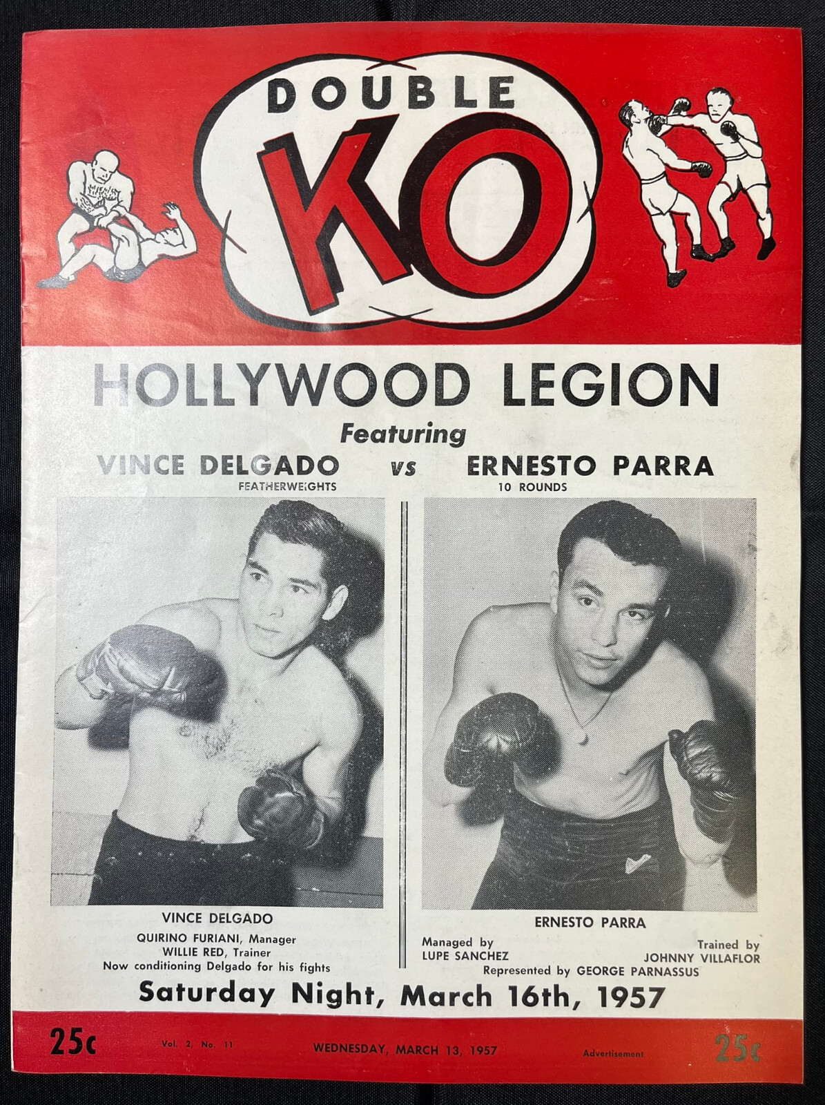 1957 VINCE DELGADO vs ERNESTO PARRA Double KO Boxing Program HOLLYWOOD LEGION