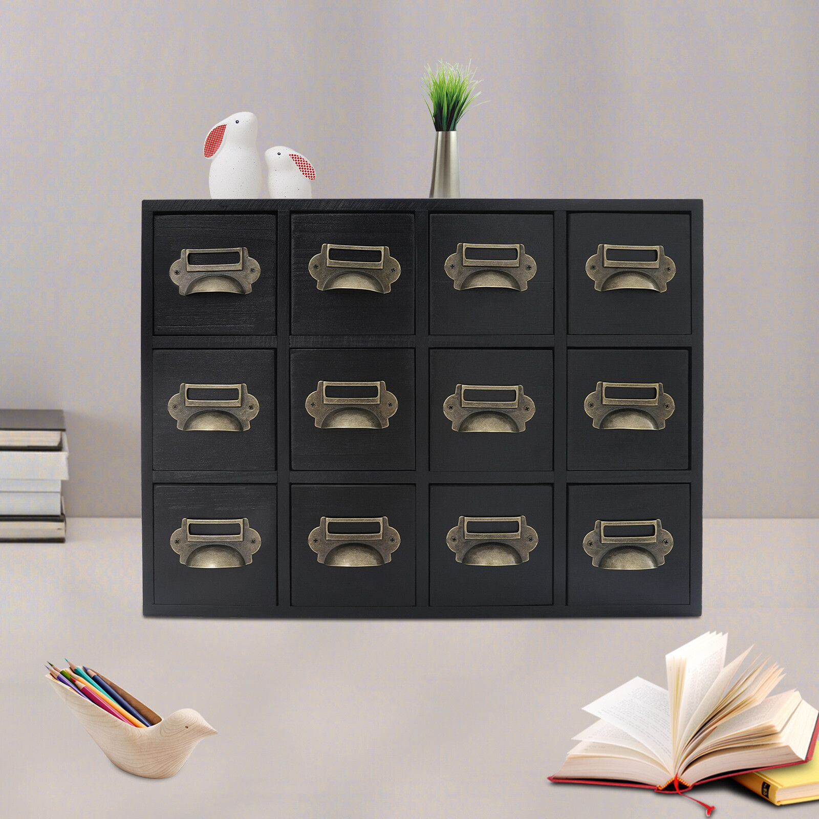 12 Drawers Wooden Desktop Organizer Home Storage Case Cosmetic Dresser Box Black