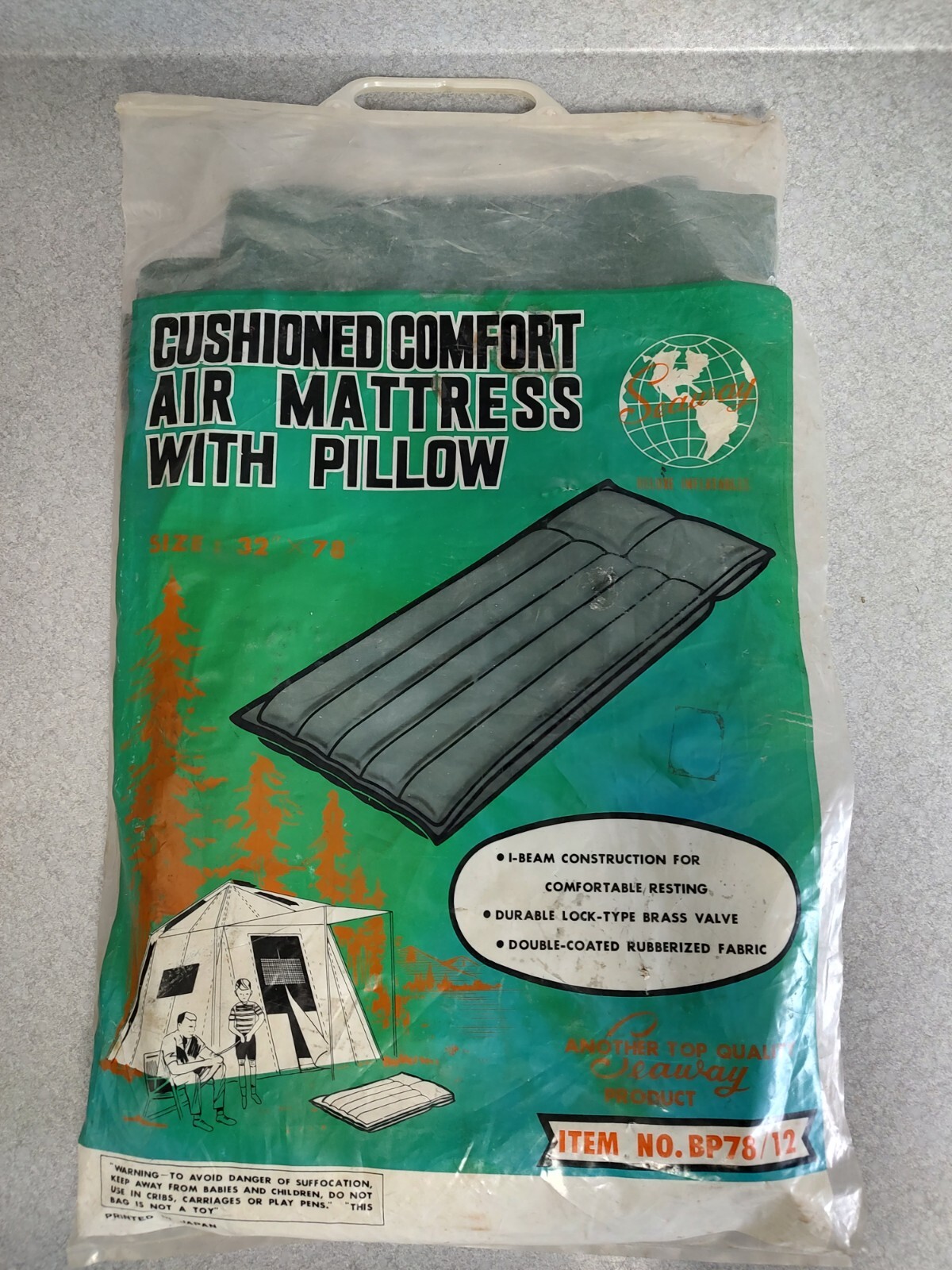 Seaway Air Mattress Green Rubberized Fabric Brass Valve Camp Japan New Old Stock