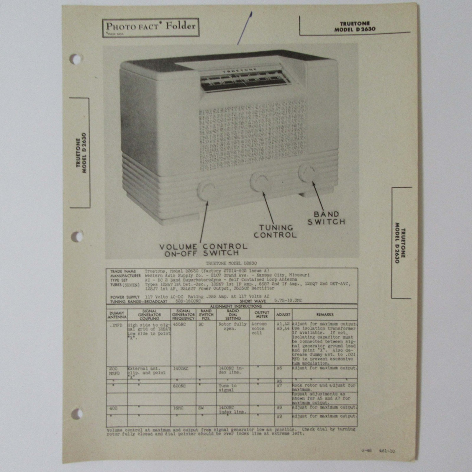 Truetone Model D2630 Table Top AM Radio SAMS Photofact ™ 1946