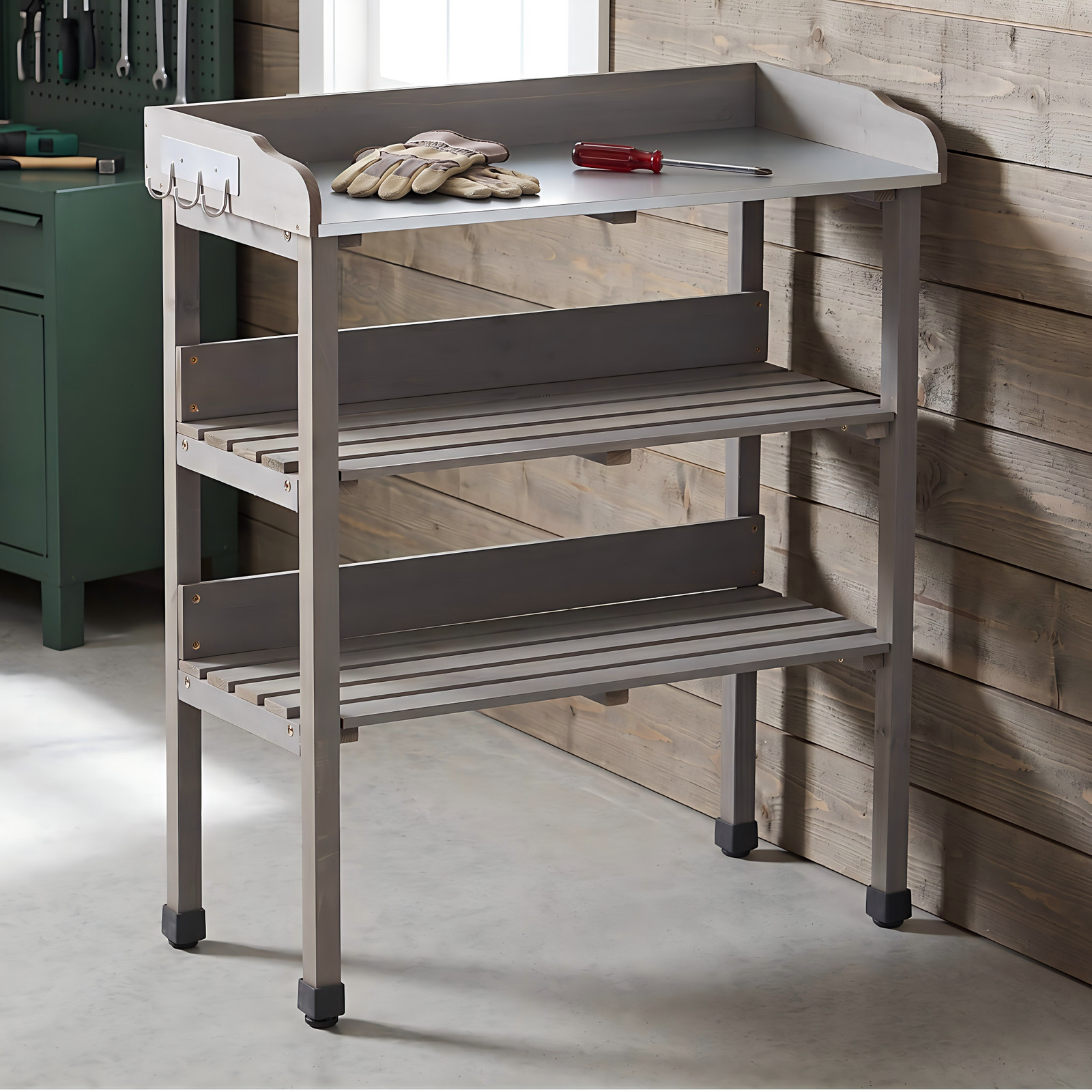 Potting Table with Metal Top, 3-Tier Solid Wood Workbench, 30.5" L