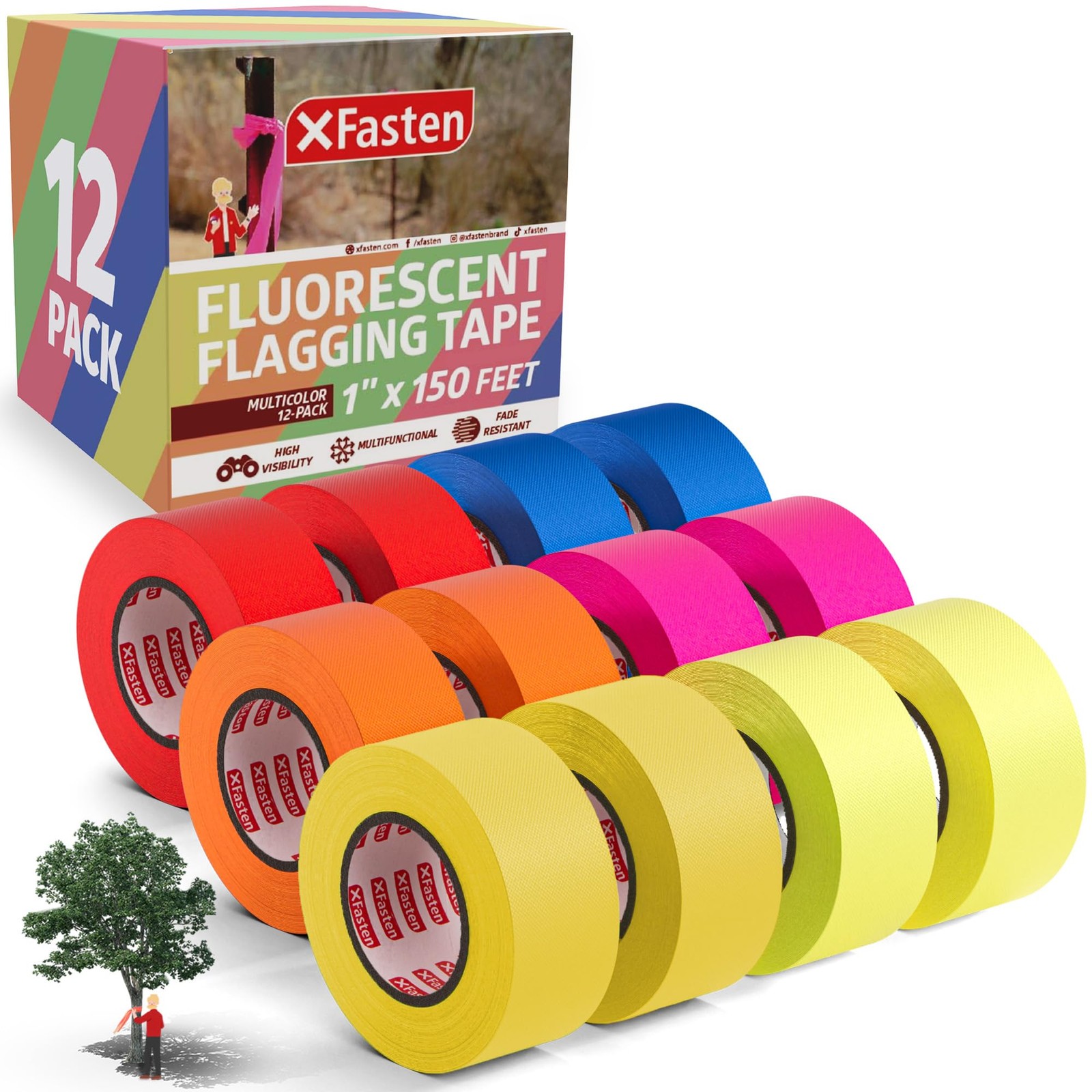 XFasten Fluorescent Flagging Tape 12-Pack (1,800 Feet Total), Assorted Colors