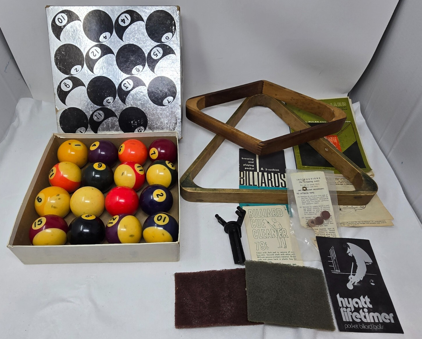 VTG VITALITE HYATT LIFETIMER POOL BILLIARD 2 1/4" BALLS WOOD RACKS TIPS BOOKLETS