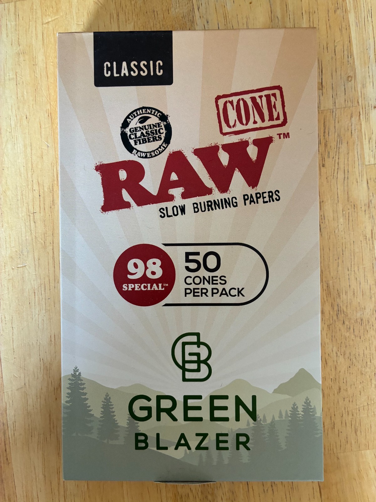 Green Blazer Raw Cones 50 Pack Slow Burning w Pre rolled tips Classic 98 Special