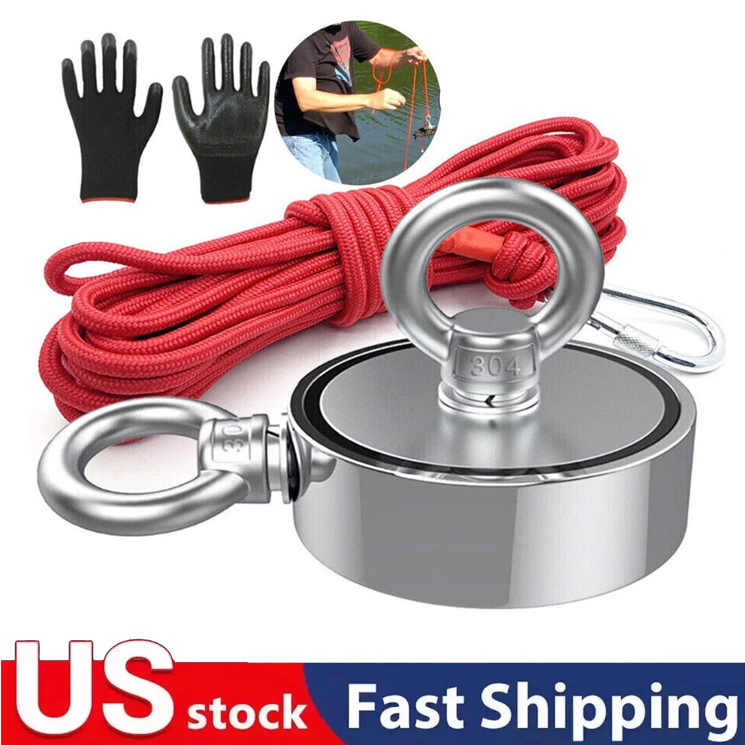 352 LBS Strong Fishing Magnet Kit Double Sided Pull Force 20m Rope Carabiner