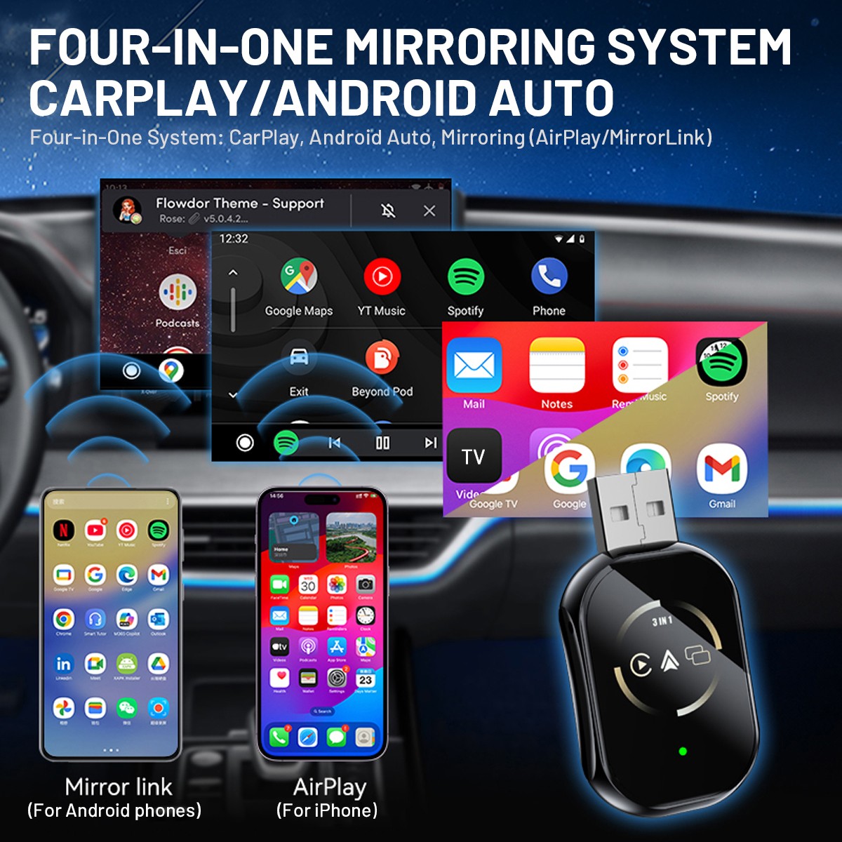 Wireless Car Carplay for Apple or Android Phone Airplay Mirror Link Android Auto