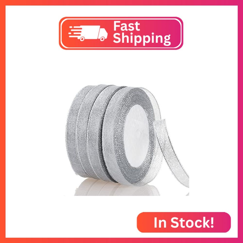 YASEO 3/8 Inch Silver Glitter Ribbon, 100 Yards Sparkly Metallic Fabric Ribbons