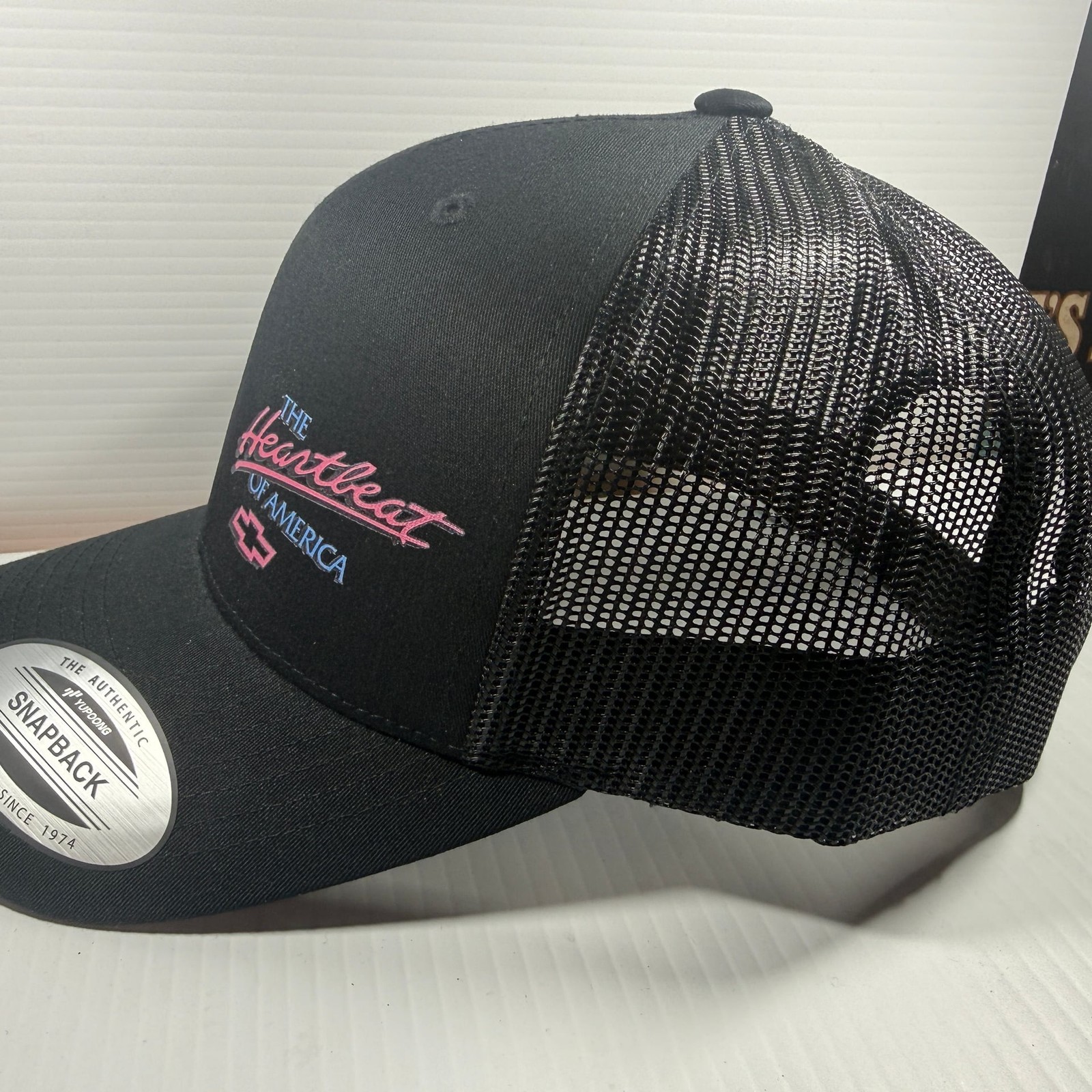Vintage style OG Chevrolet The Heartbeat of America in Neon Pink/Blue Black Hat