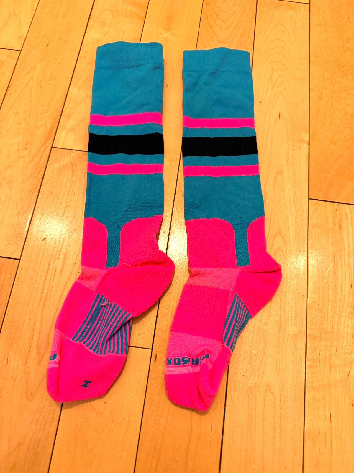 PEAR SOX Stirrup Striped Baseball, Softball Socks Pink Fuschia/Teal/Black Sz M