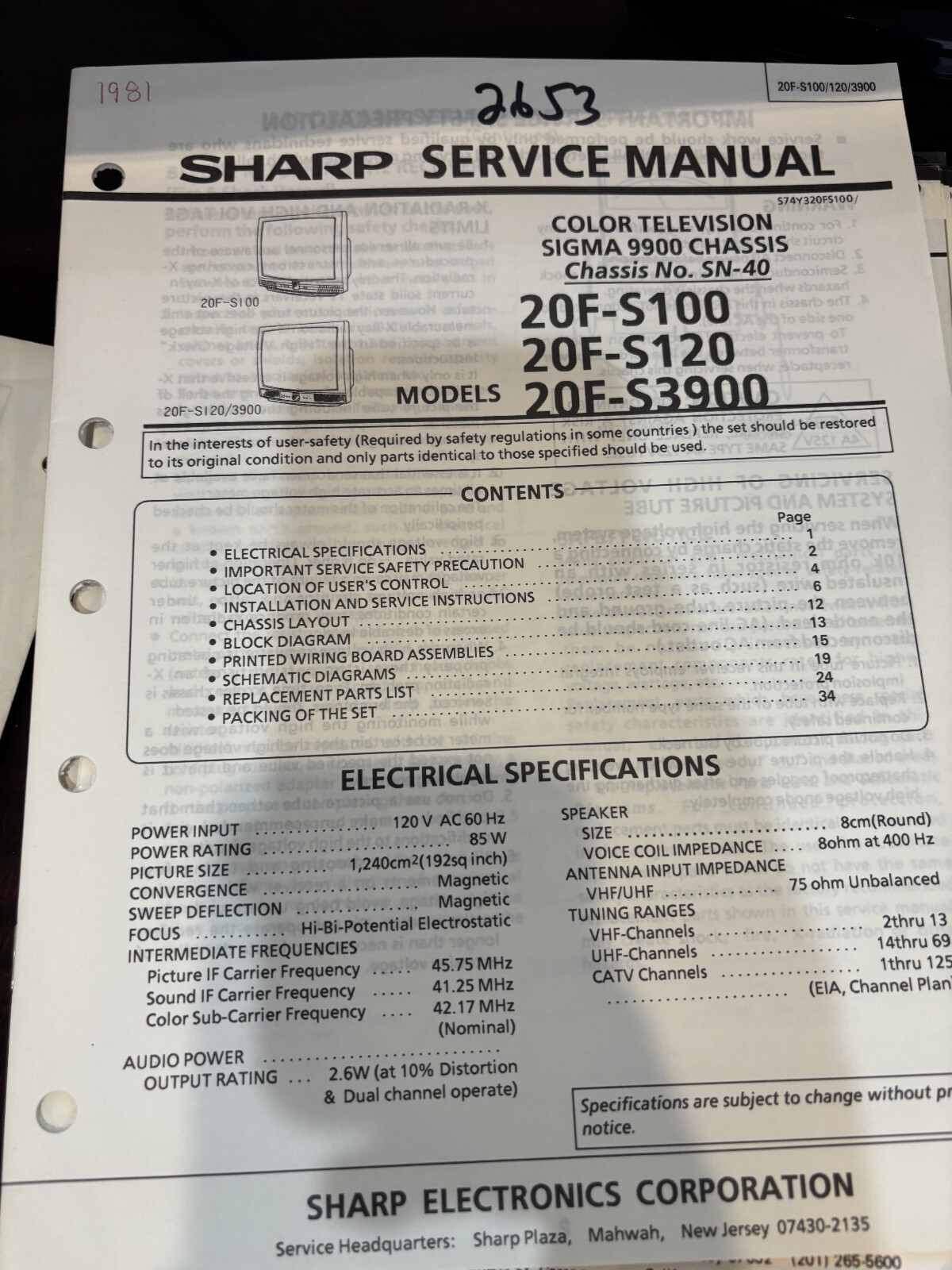 ORIG. SHARP 20F-S100 20F-S120 20F-S3900 TV Service Manual 1981 2727 *ORIGINAL*