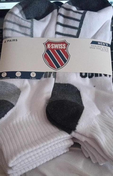 NEW 6 PACK OF MENS K-SWISS WHITE ANKLE SOCKS HALF CUSHION Y HEEL SOCK SIZE 10-13