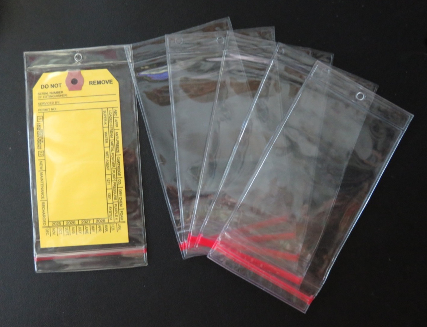 ✅🔥🧯LOT OF 5-HEAVY DUTY FIRE EXTINGUISHER TAG COVERS (3 1/4" X 7") 10 mil. 🔥