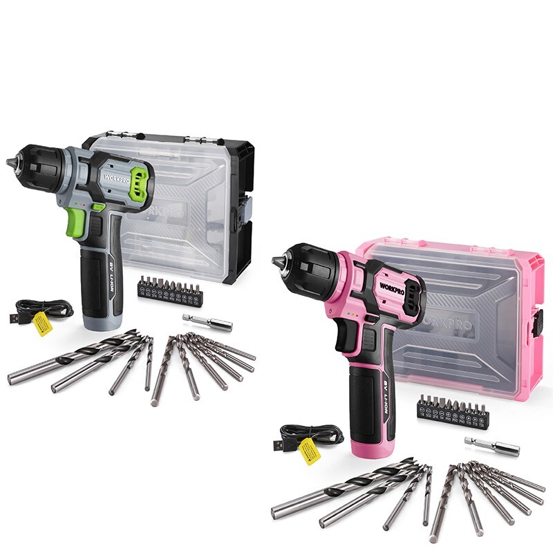 WORKPRO Pink/Grey Power Drill Set 8V Cordless Drill Driver Electric Screwdrivers