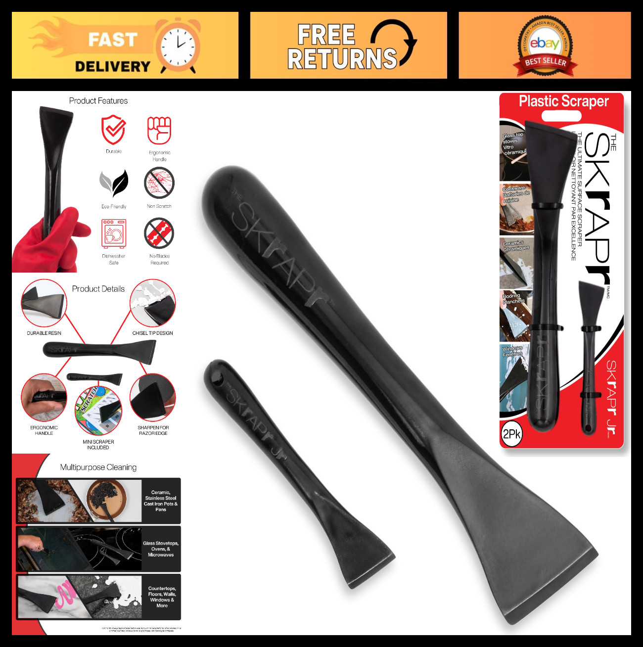 Non-Scratch Plastic Scraper Tool 2 Pack - Ergonomic Handle, Heat Resistant, 1.7"
