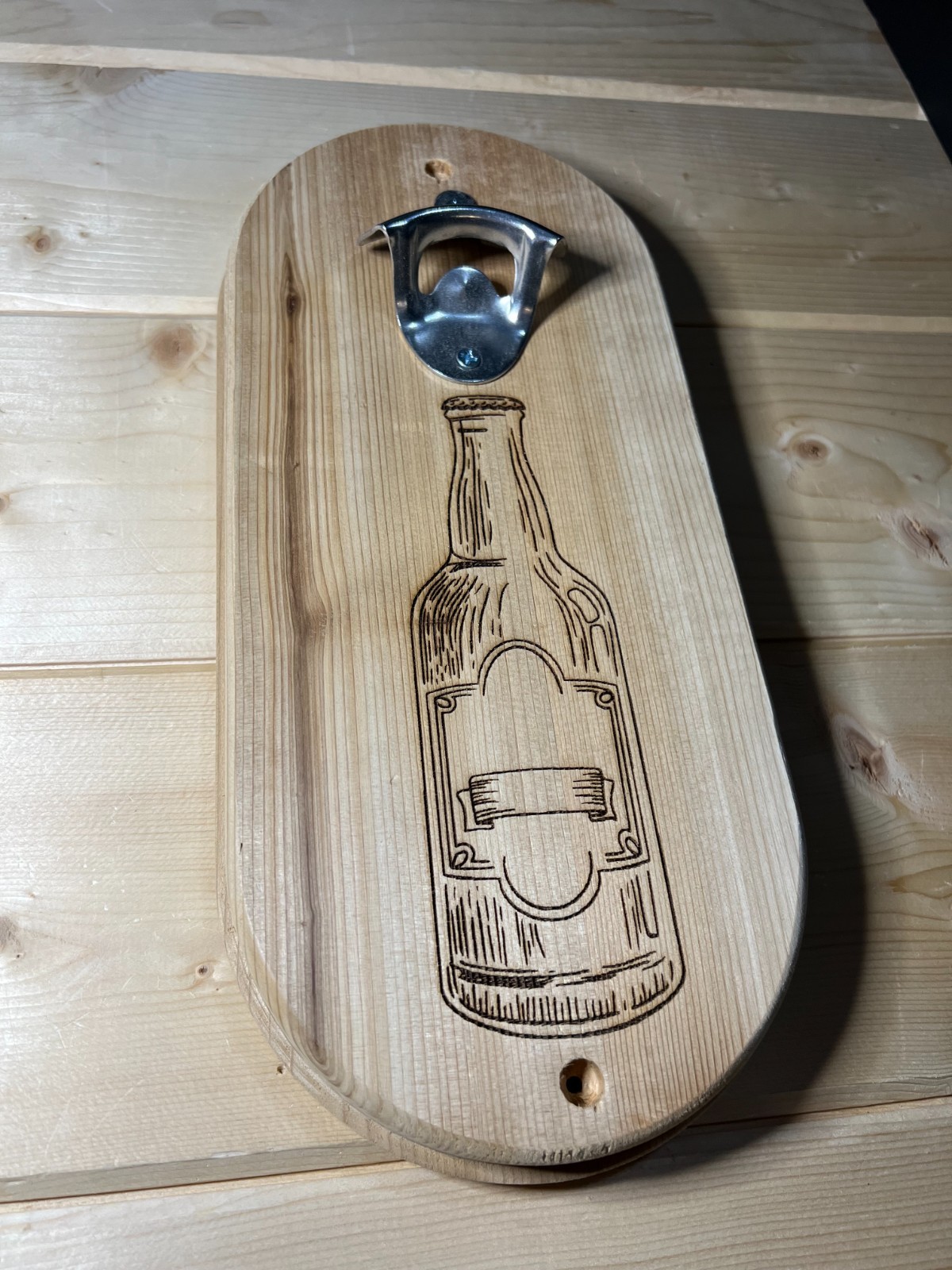 Cedar Wall Mounted Bottle Opener | Rustic Engraved Wood Bar Decor