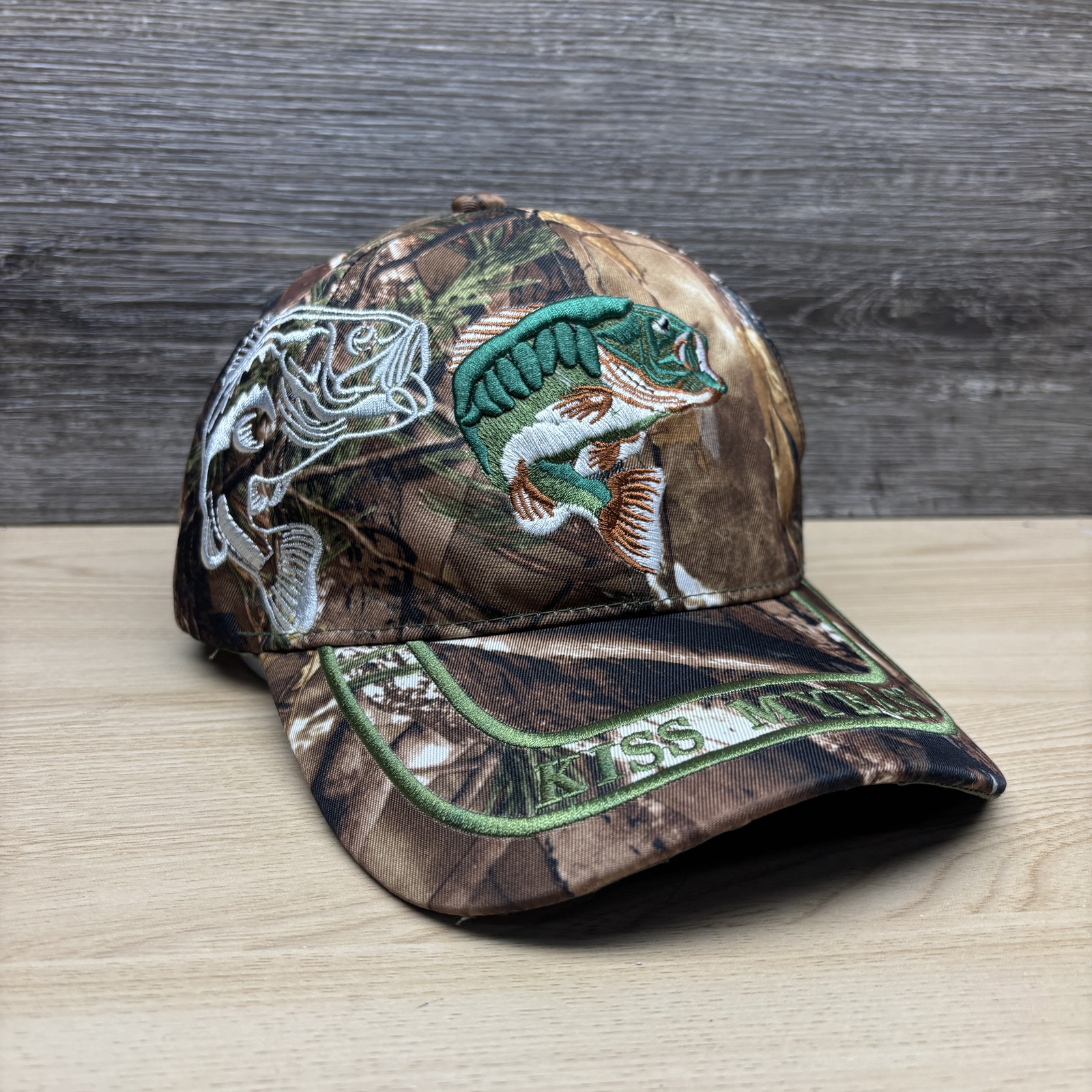KISS MY BASS Hat Cap Snap Back Camo Green Logo Fishing Outdoors Mens
