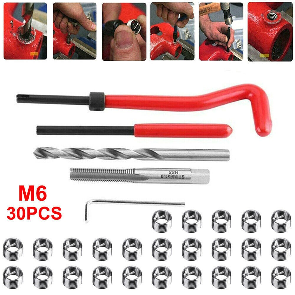 30Pcs M6 X 1.0mm Metric Thread Repair Insert Kit HSS Drill Helicoil Repair A9S1
