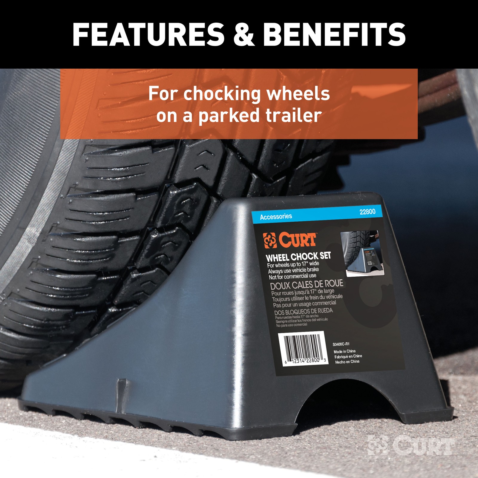 Curt-Wheel Chock Set (Up to 17" Wide Wheels)