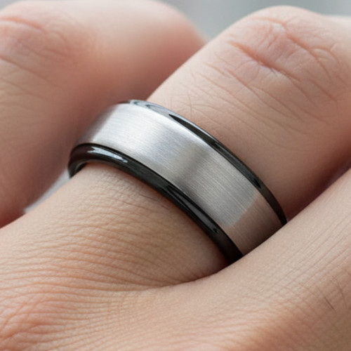 Dark Tungsten 8mm Wedding Band with Brushed Finish and Layered Edge Design