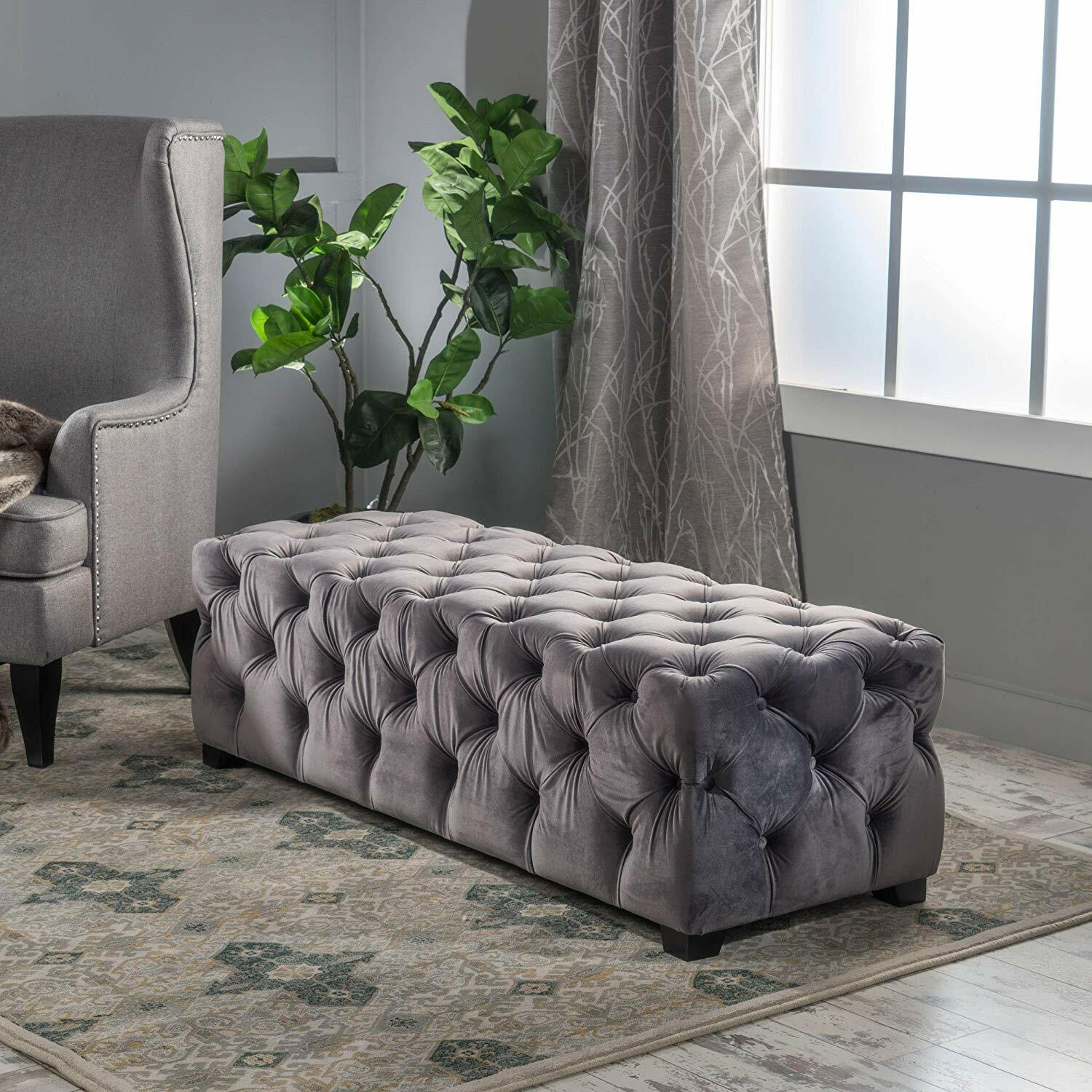 Gray Grey Velvet Tufted Fabric Bench Padded Ottoman Wood Seat Glam Chic Bedroom