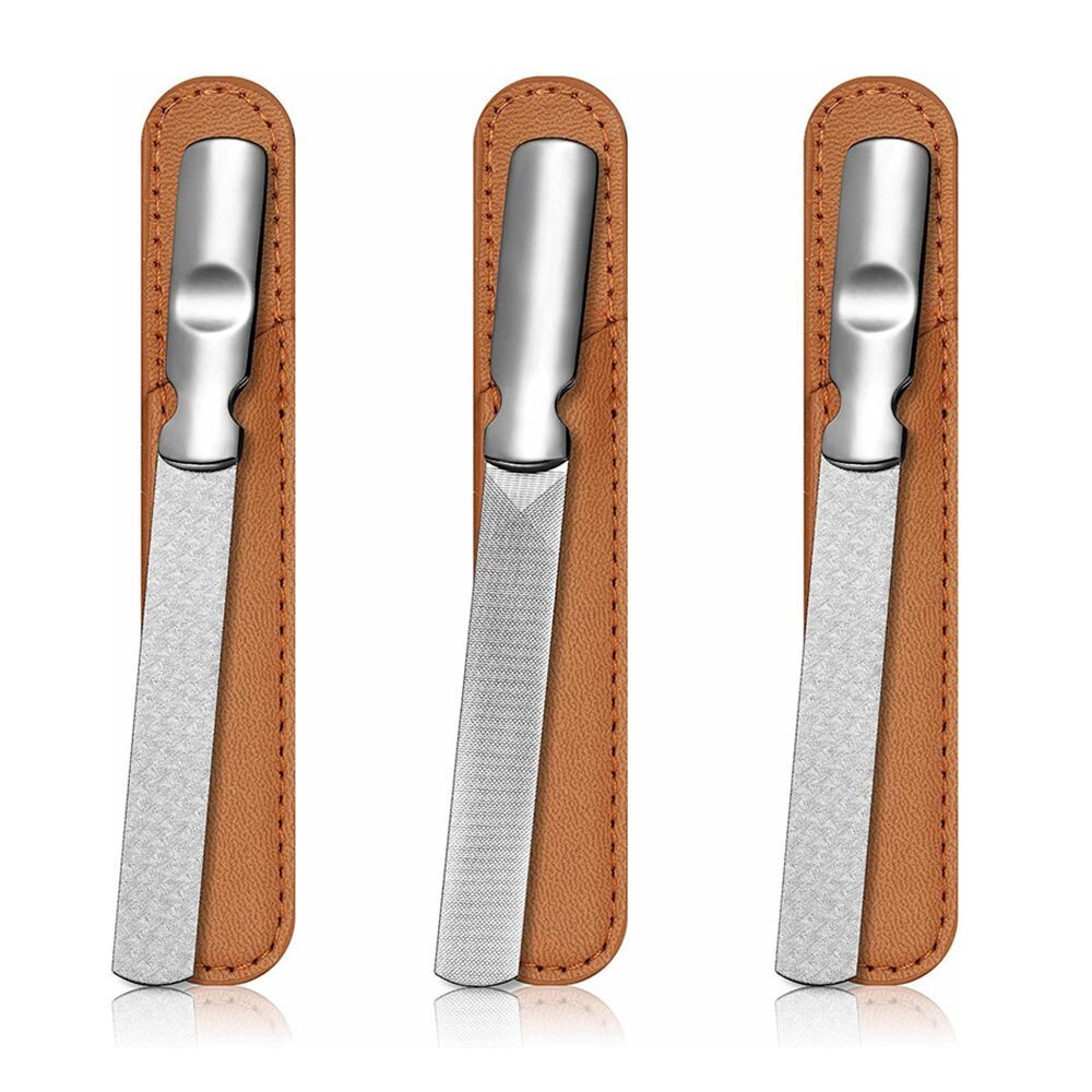 3x Stainless Steel Nail File with Leather Sheath Double Sided Manicure Set N899