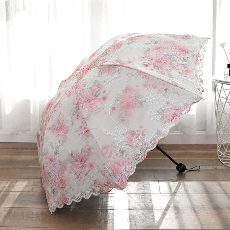 Flower Lace Umbrella Anti-UV Waterproof 3Folding Embroidery Parasol Wedding Prom