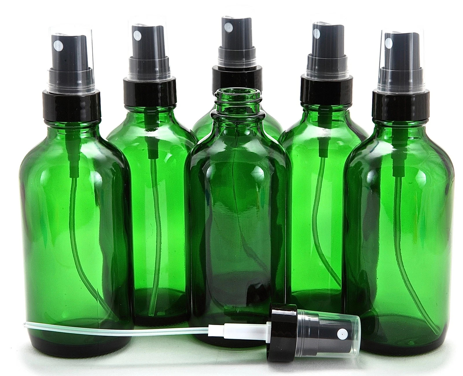 6Pack 4 oz Green Glass Spray Bottles with Black Fine Mist Sprayers