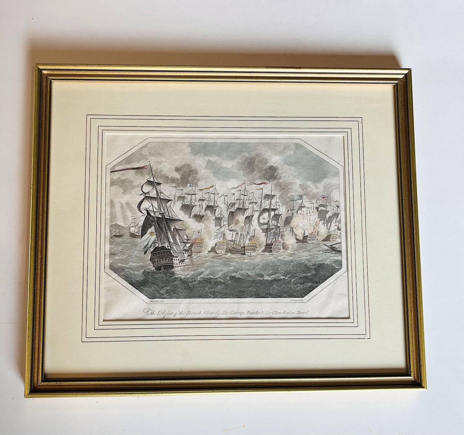 Antique Engraving, Naval Battle Sir George Rooke Cloudesley Shovell 12.2x10.5”