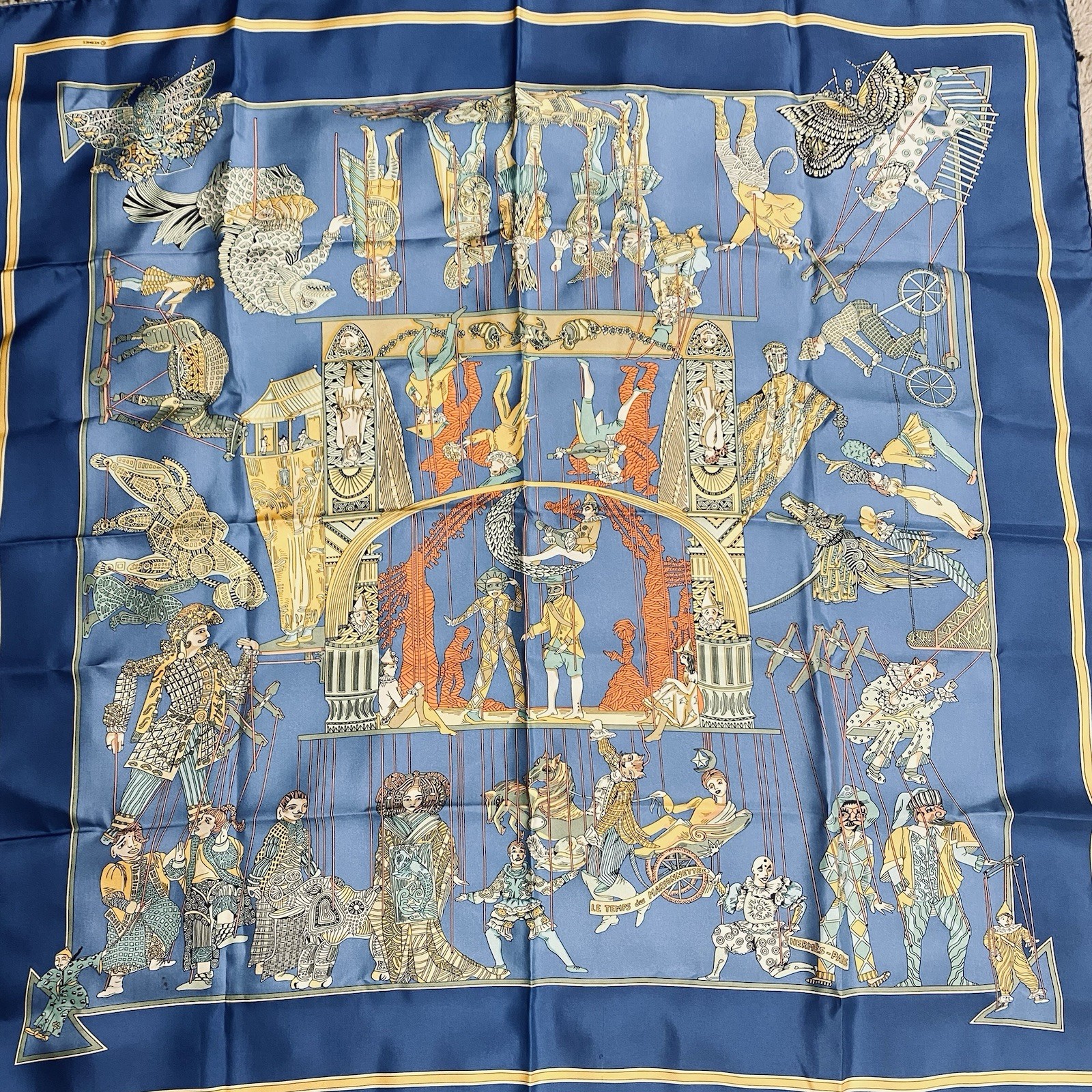 HERMES Women Silk Scarf Blue Multicolor Le Temps Des Marionnettes Carre 90