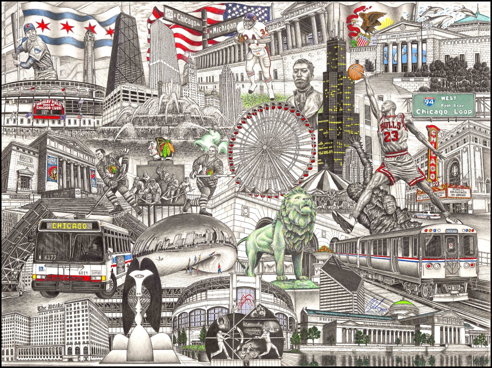 Cubs, Blackhawks, Bulls, Whitesox, Bears artwork, drawing print size: 18x24 in.