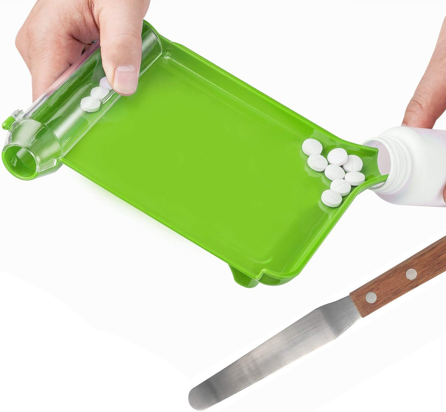 Right Hand Pill Counting Tray with Spatula (Light Green - Wood Handle)