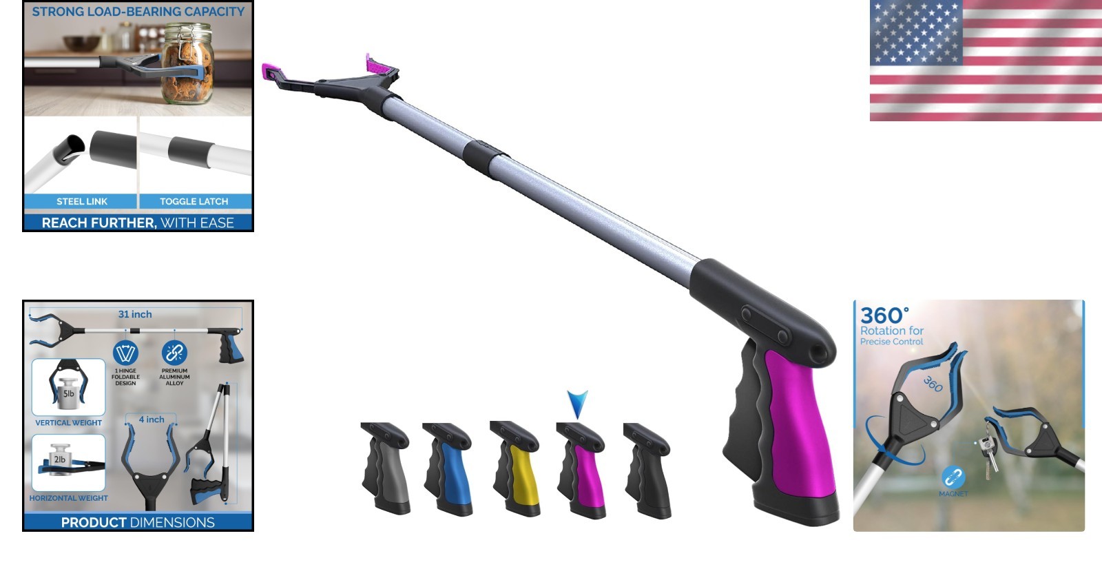 Foldable Grabber Reacher Tool 32” - Lightweight & Ergonomic Design for Elderly