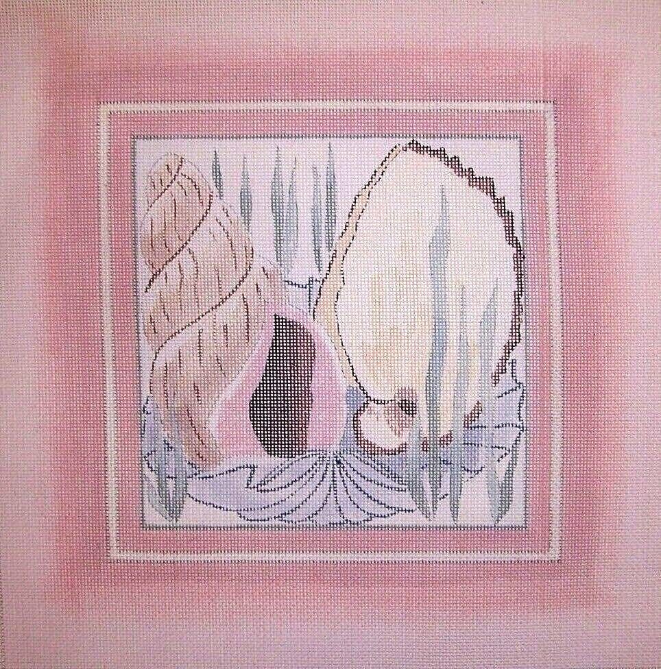 YUDI HAND PAINTED SEASHELL OYSTER PEARL NEEDLEPOINT CANVAS 14" X 14" DESIGN