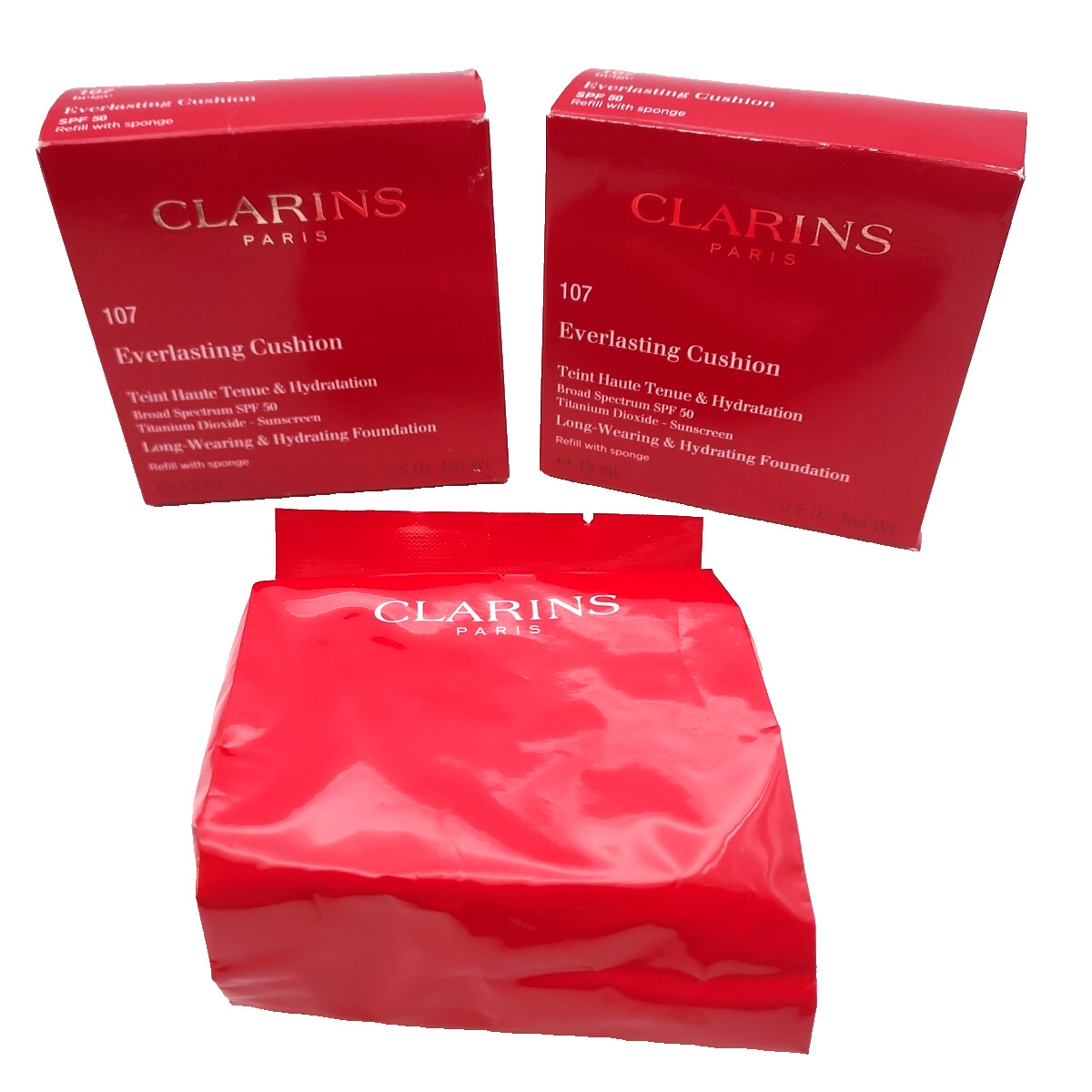 LOT OF 2 Clarins Everlasting Cushion Foundation Refill 107 BEIGE SPF 50 Sealed